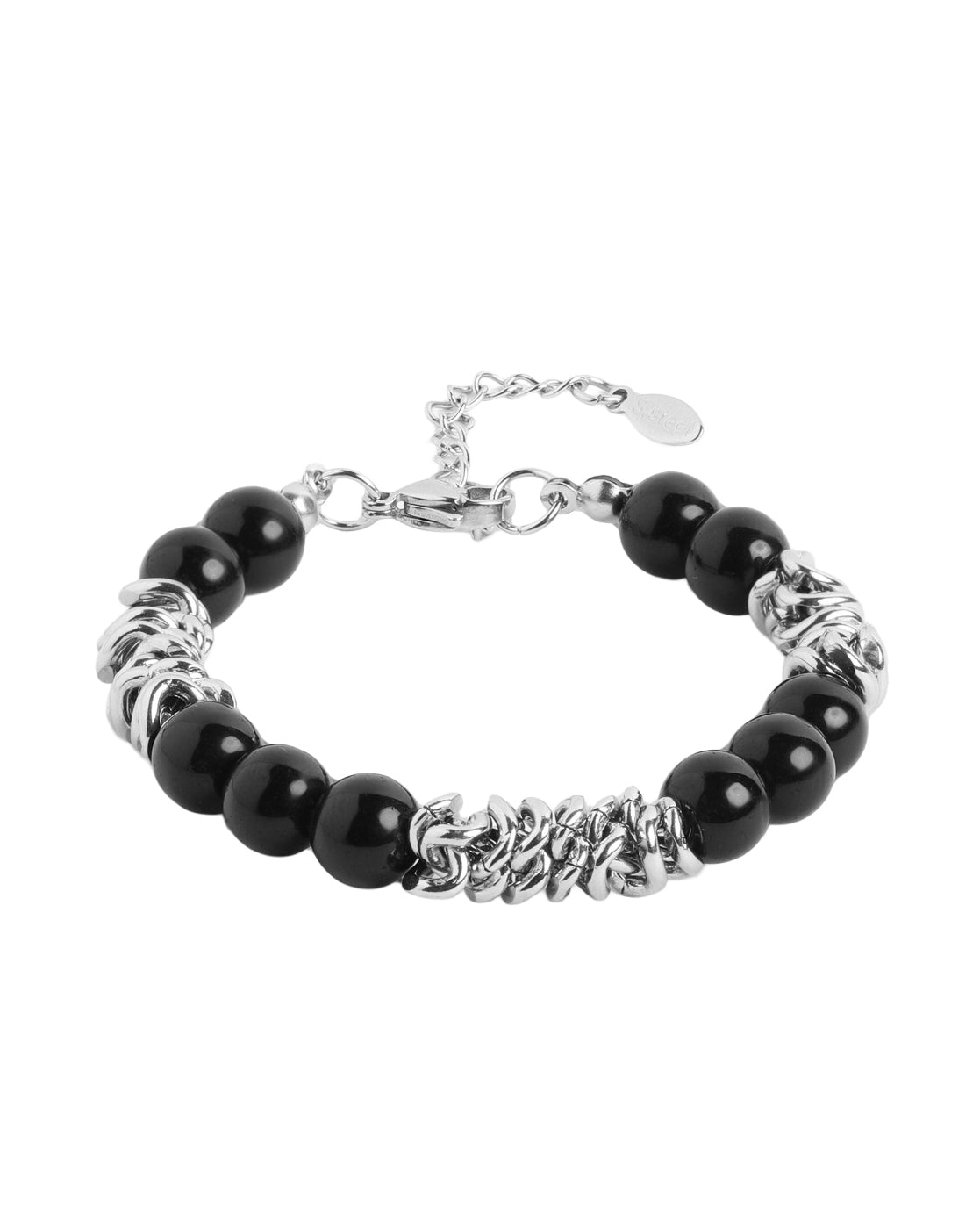 Men Silver Plate Black Onyx Bead Adjustable Bracelet