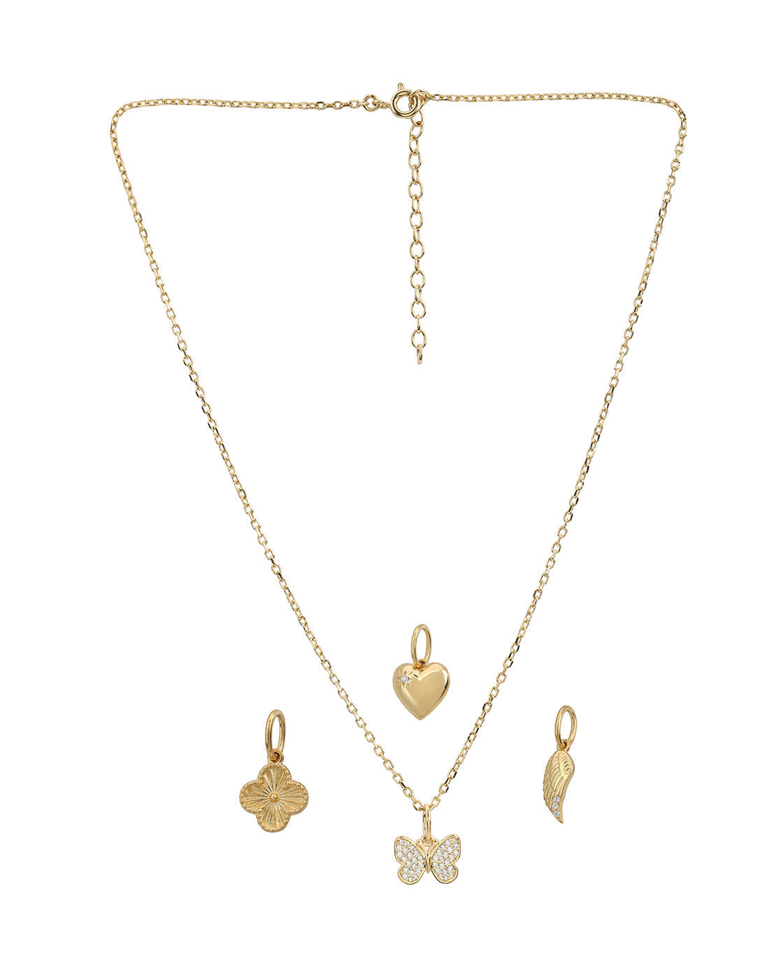 18kt Gold Plated CZ 4-Clover, Heart, Butterfly & Leaf Interchangeable pendant with Chain Necklace