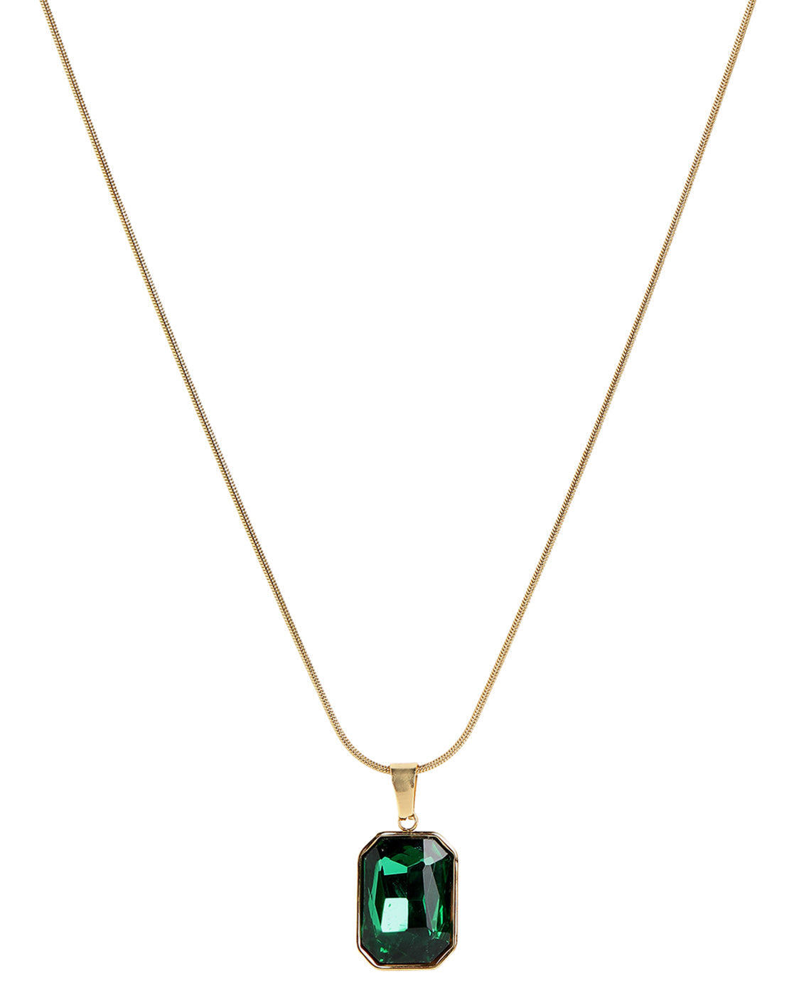 Gold Plated Emerald Green Glass Pendant & Stainless Steel Chain
