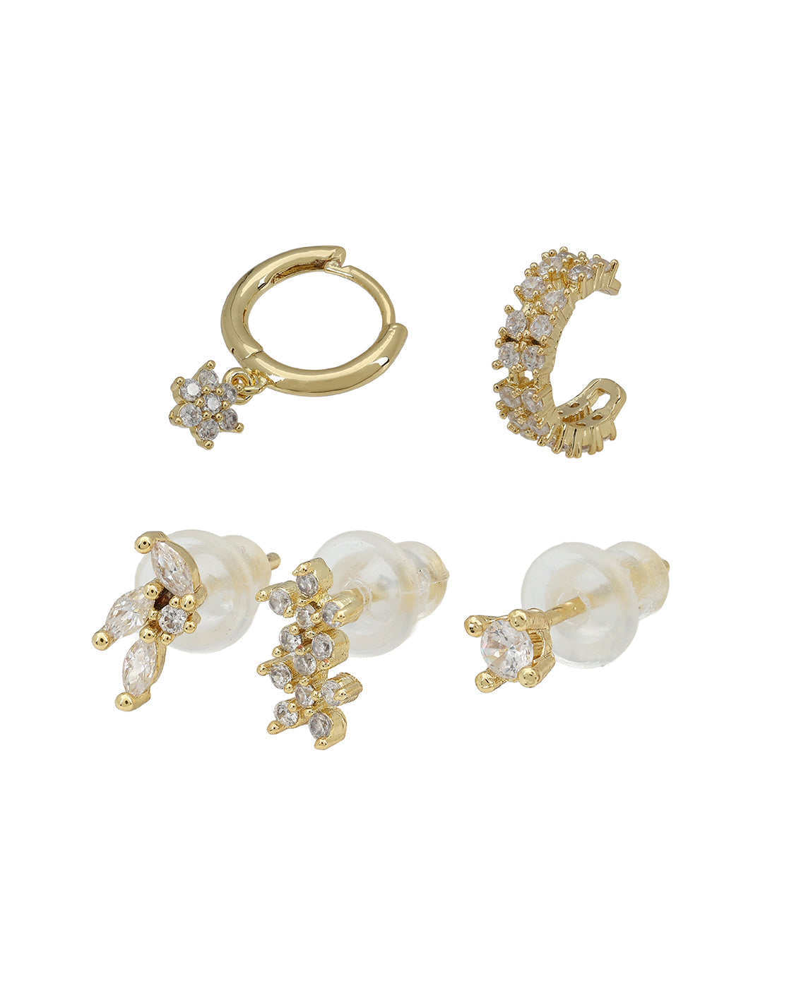 Gold Plated Designer Stud, Cuff & Mini Hoop with CZ Piercing Set