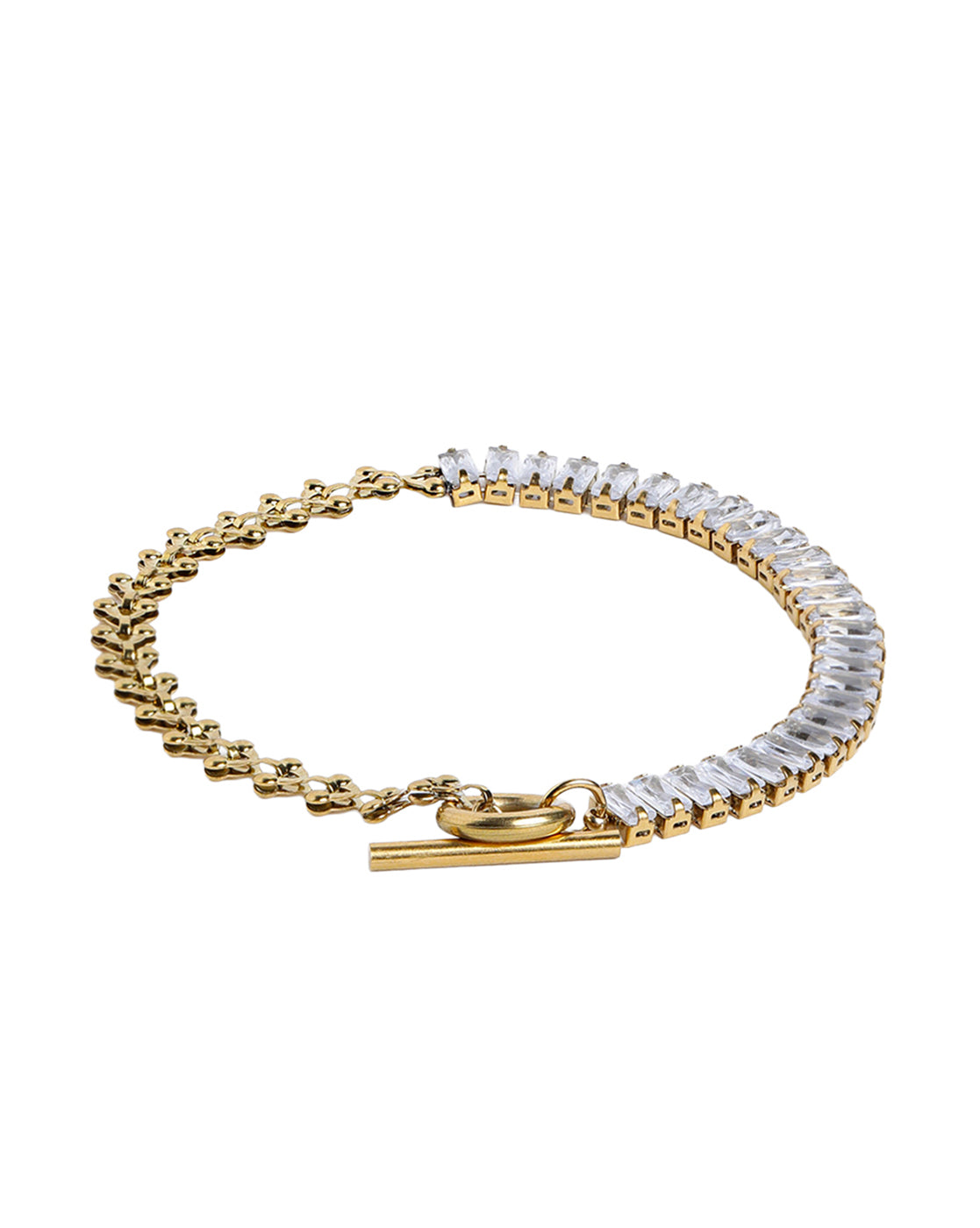 Gold Plated Fancy Half-n-Half Baguette CZ & Fancy Link Chain Toggle Designer Bracelet