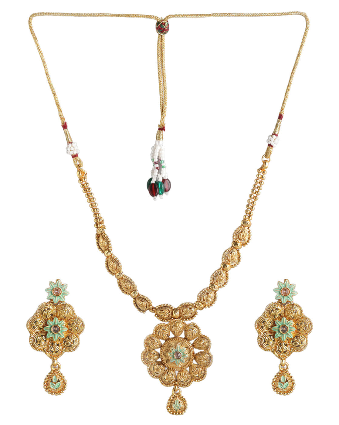 Gold Plated Traditional Enamel Floral Necklace & Earrings Set