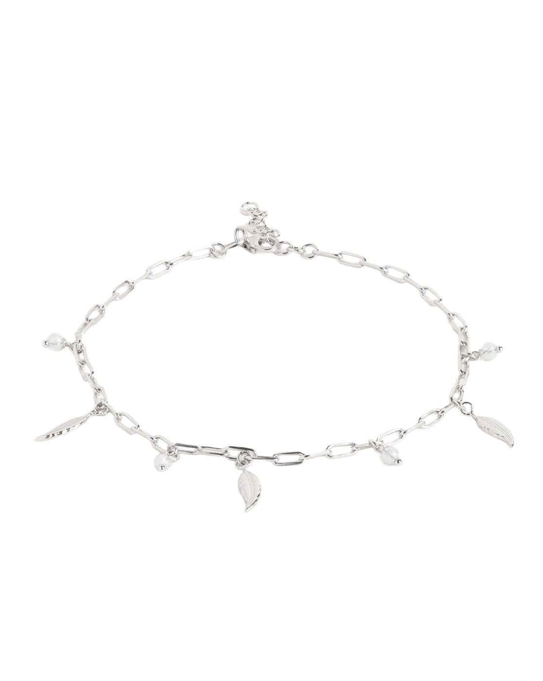 Rhodium Plated Dainty Leaf & Crystal Charm with Paperclip Adjustable Chain Anklet