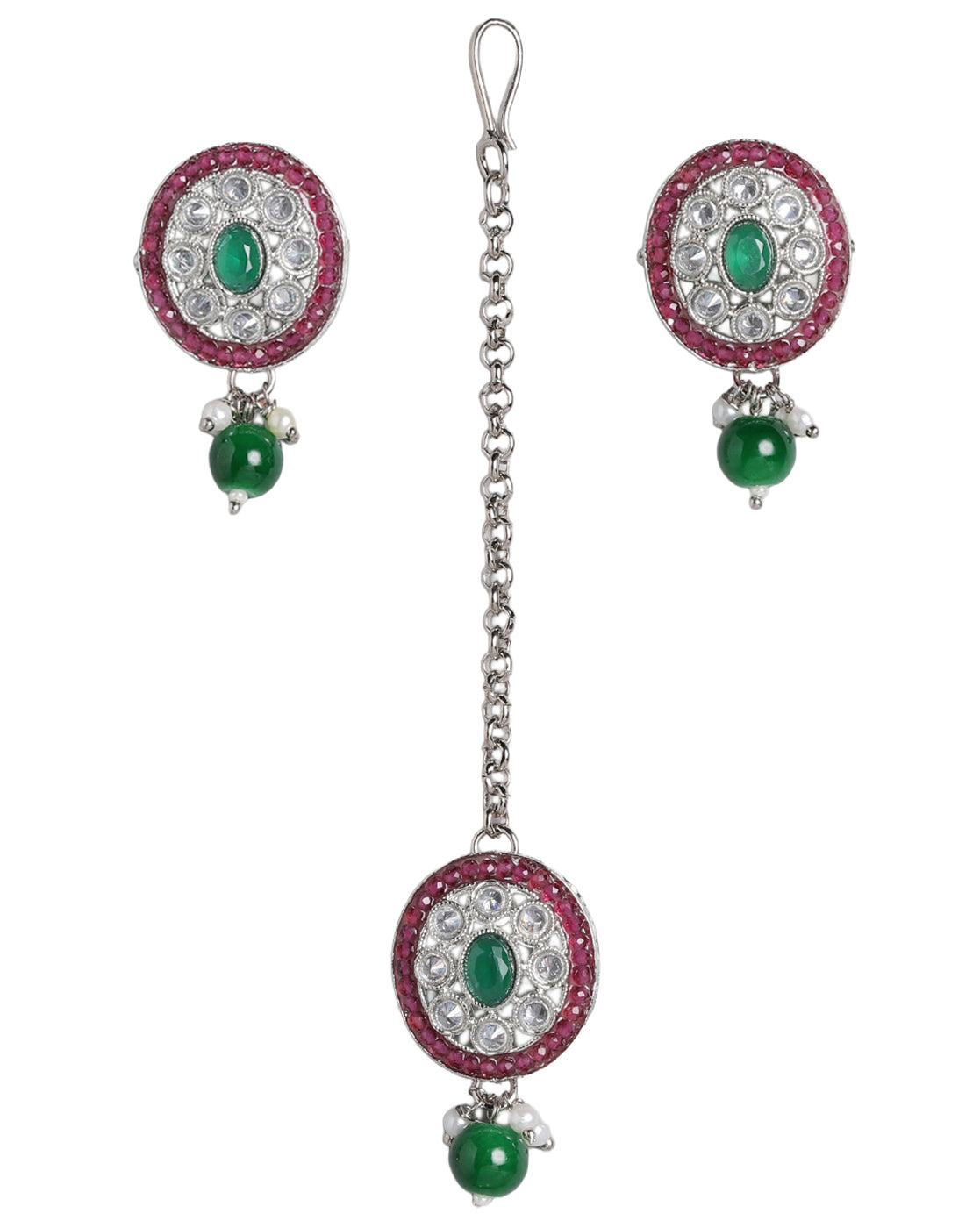 Silver Plated Emerald Green & Ruby Pink Stone Maang Tikaa and Earring Set