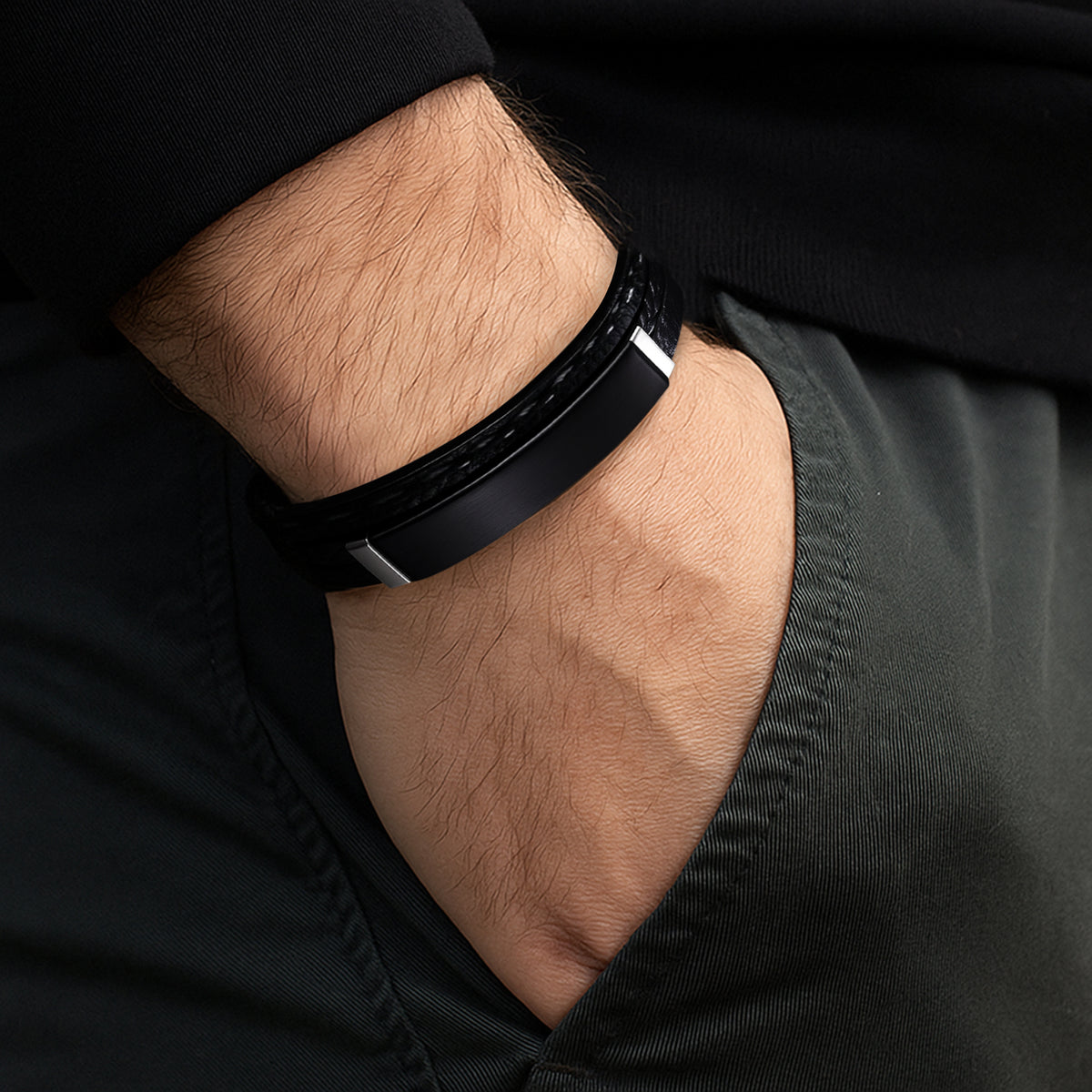 Men Black Leather Nomad Bracelet - CLJW-37