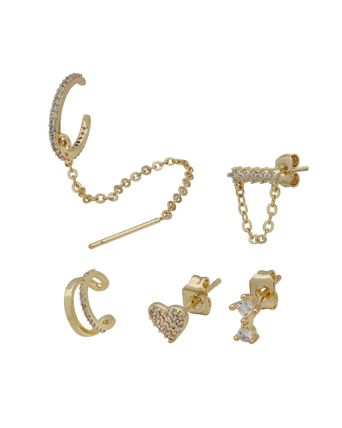 Set of Gold Plated Contemporary CZ Studded Heart, Cuff & Ear Piercing Set