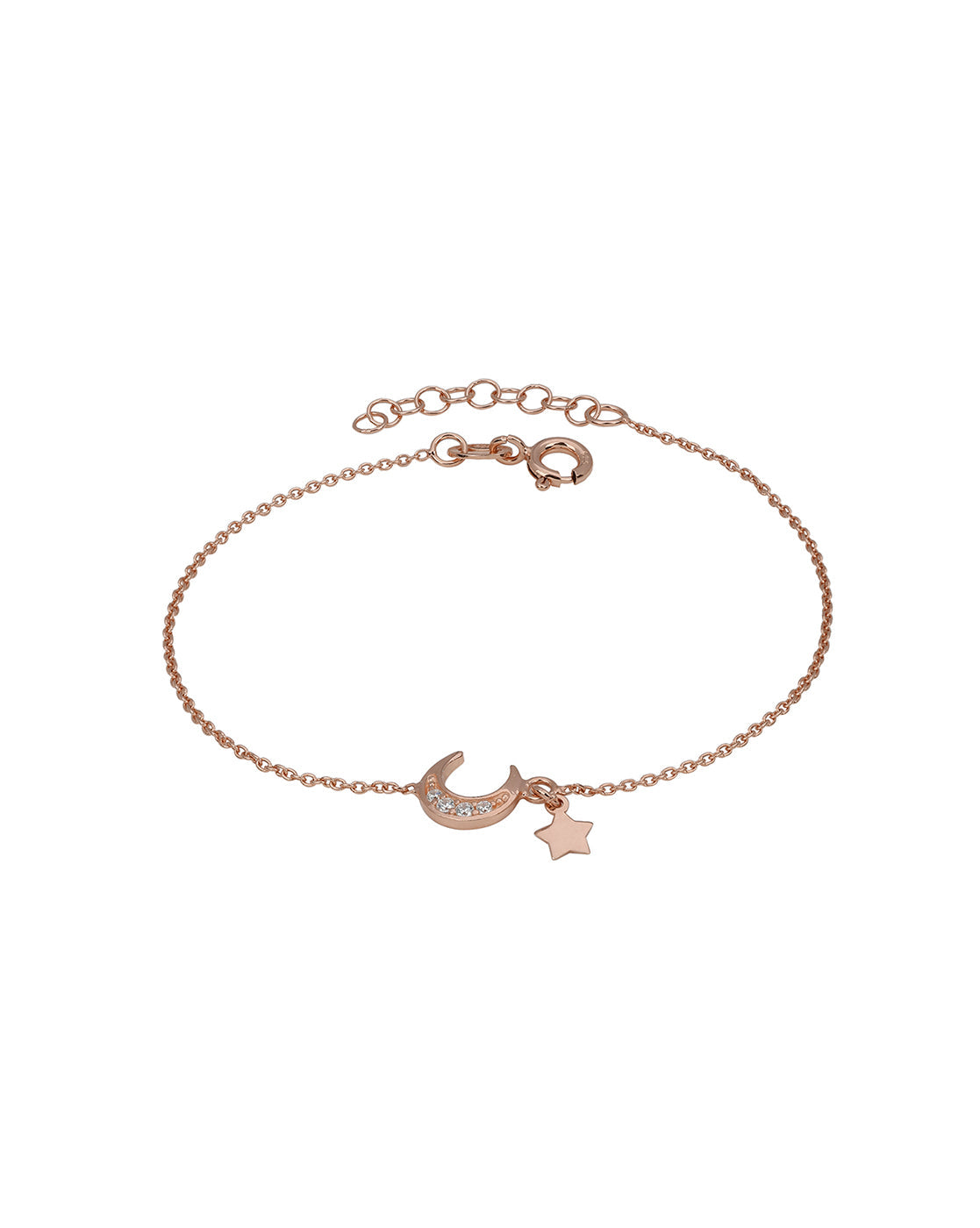 925 Sterling Silver 18kt Rose Gold Plated CZ Moon and Star Charm Bracelet