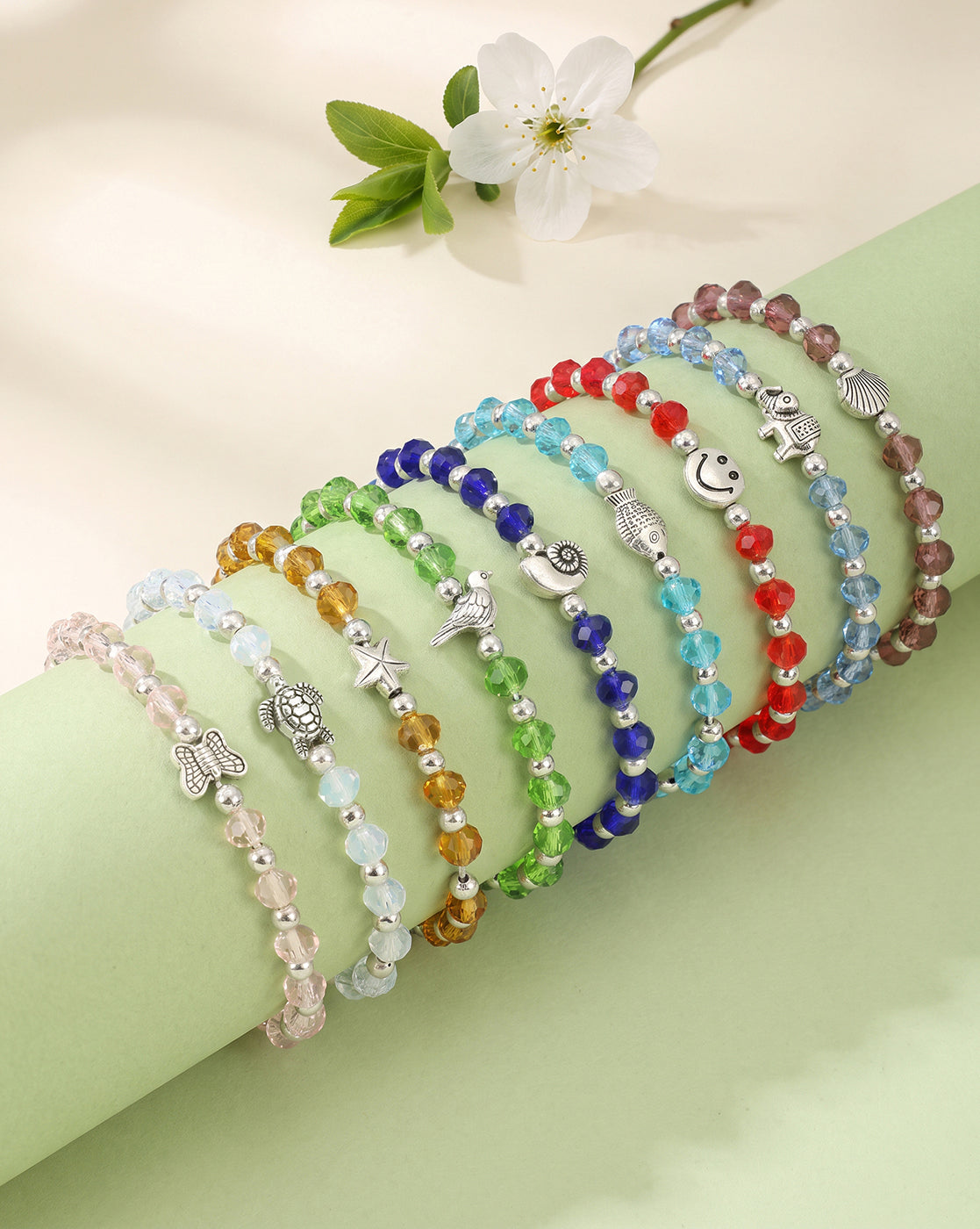 Set of 9 Coloured Bead & Silver Plated Butterfly-Tortoise-Star-Elephant-Smiley-Bird-Butterfly Charm Bracelet for Girl