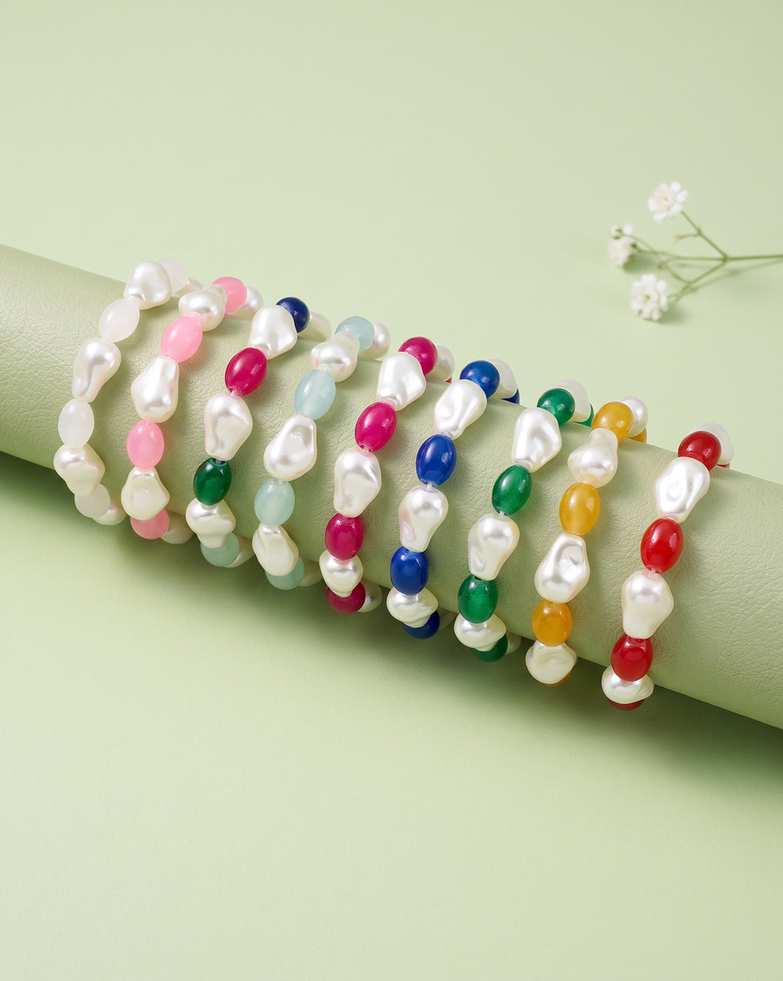 Set of 9 Multi Coloured Bead & Pearl Stretchable Bracelet for Girl
