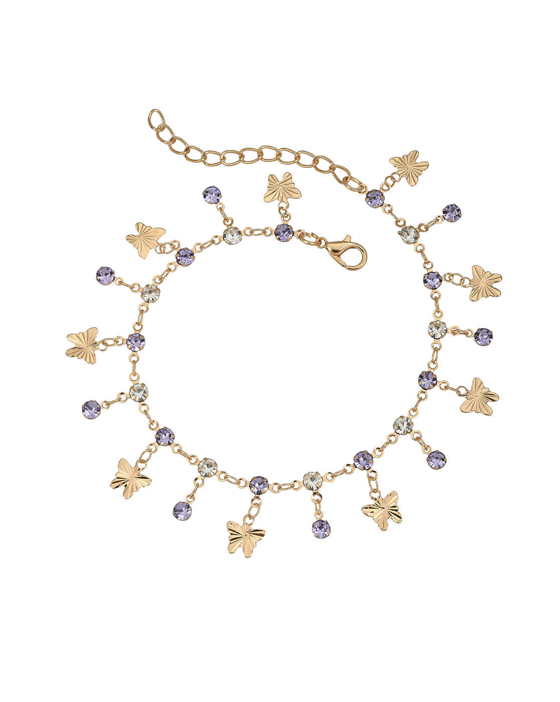 Rose Gold Plated CZ and Amethyst Purple Solitaire Butterfly Charm Anklet