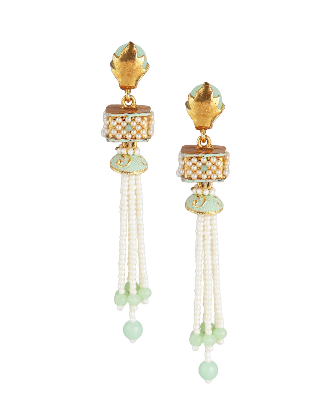 Gold Plated Enamel Green Stone & Pearl Tassel Drop Earring