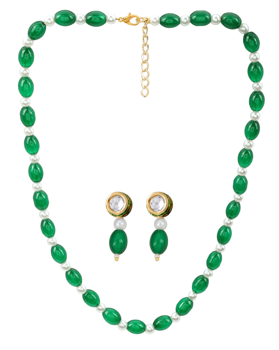 Gold Plated Emerald Green & Pearl Beaded and CZ Jewellery Set