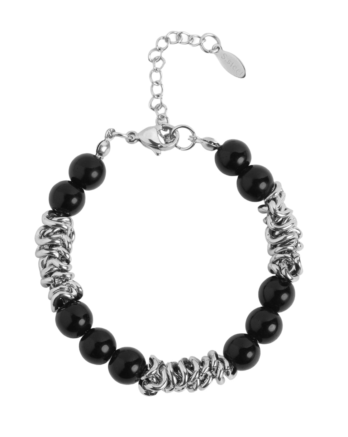 Men Silver Plate Black Onyx Bead Adjustable Bracelet