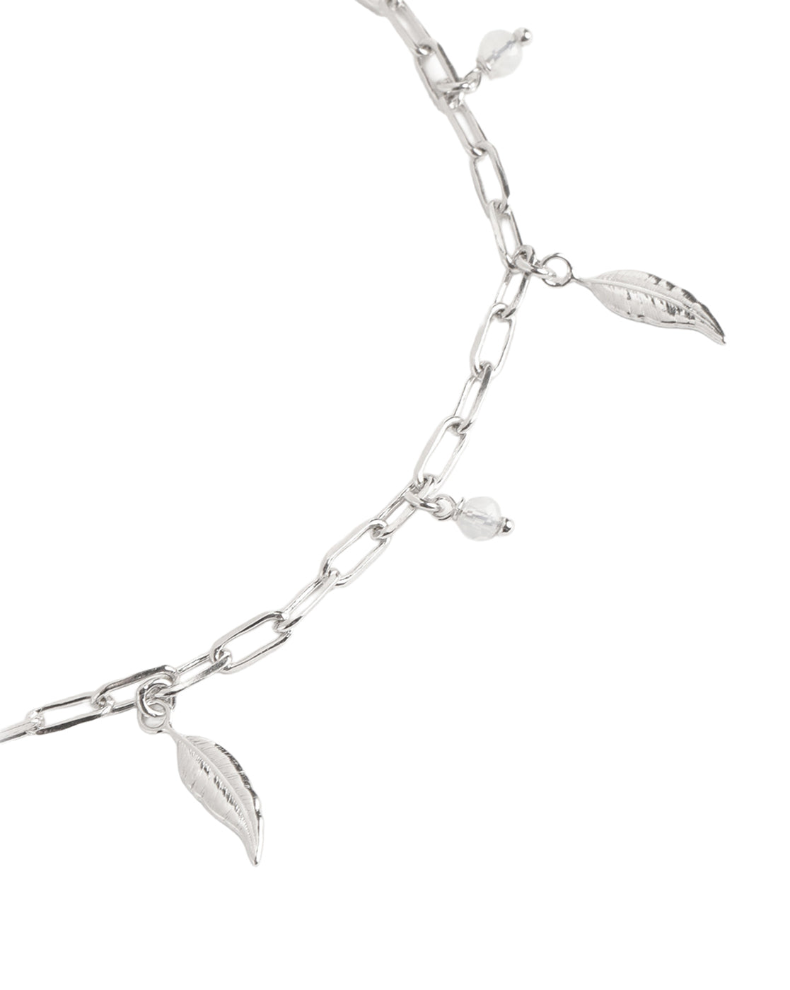 Rhodium Plated Dainty Leaf & Crystal Charm with Paperclip Adjustable Chain Anklet