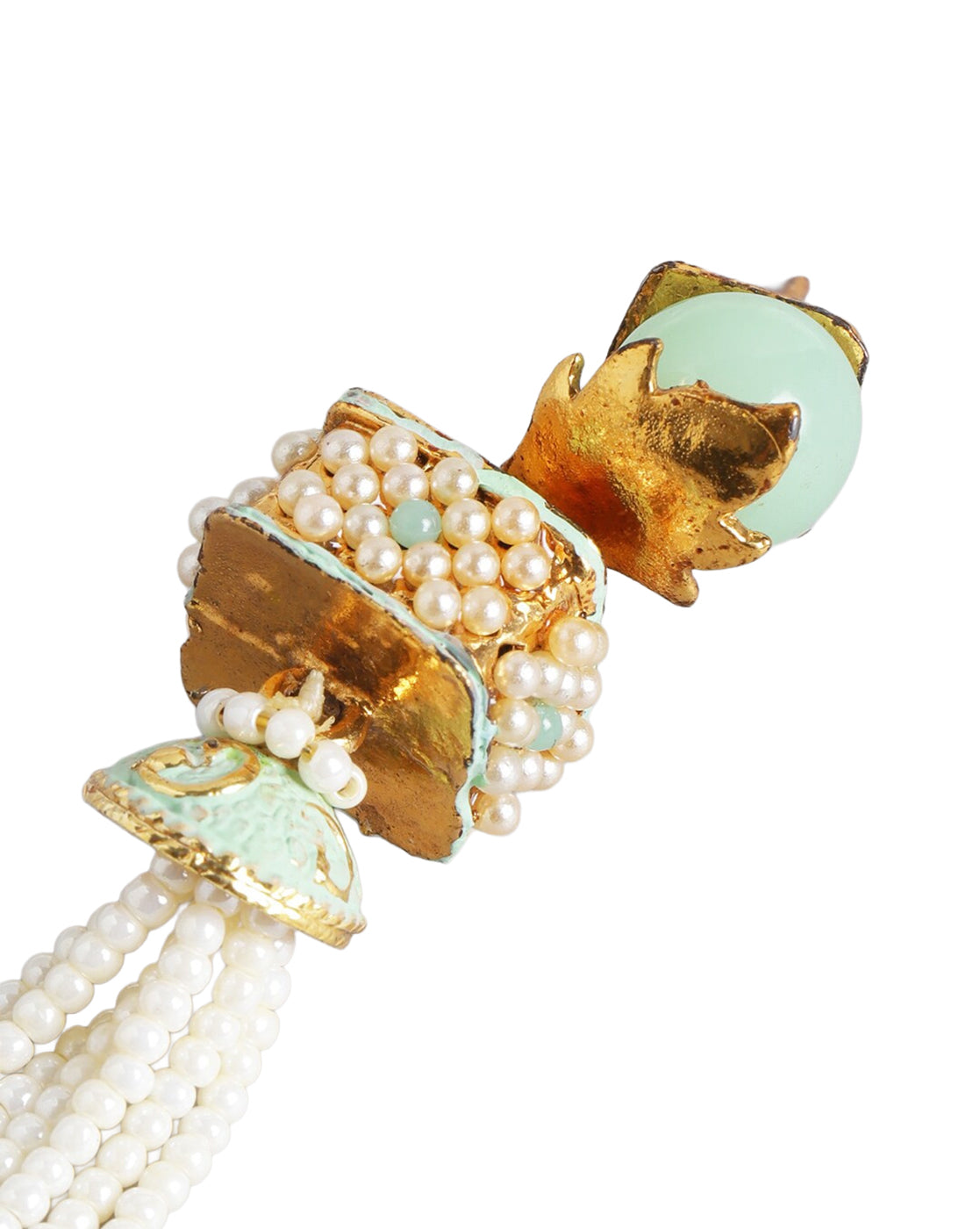 Gold Plated Enamel Green Stone & Pearl Tassel Drop Earring