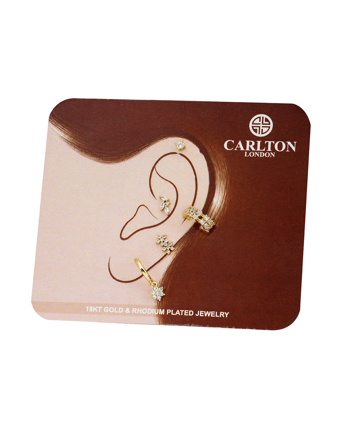 Gold Plated Designer Stud, Cuff & Mini Hoop with CZ Piercing Set