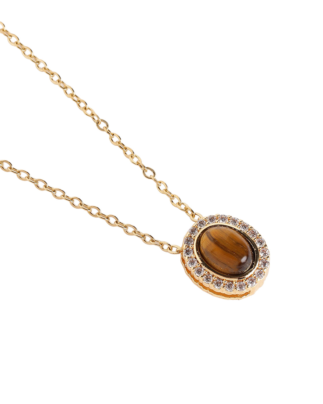 Gold Plated Modern Tiger Eye & CZ Halo Studded Necklace