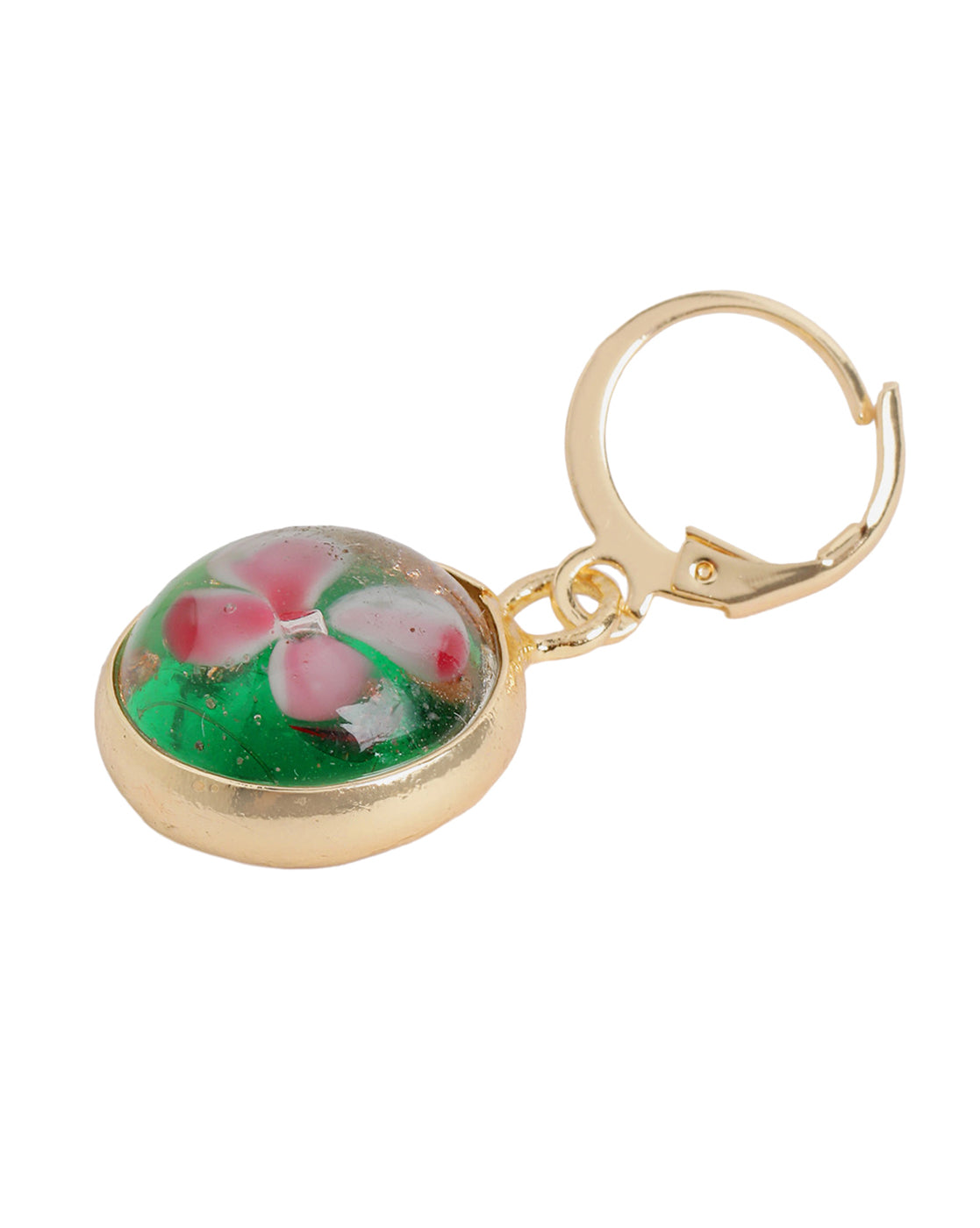 Gold Plated Artistic Dangling Green Enamel Floral Hoop Earring