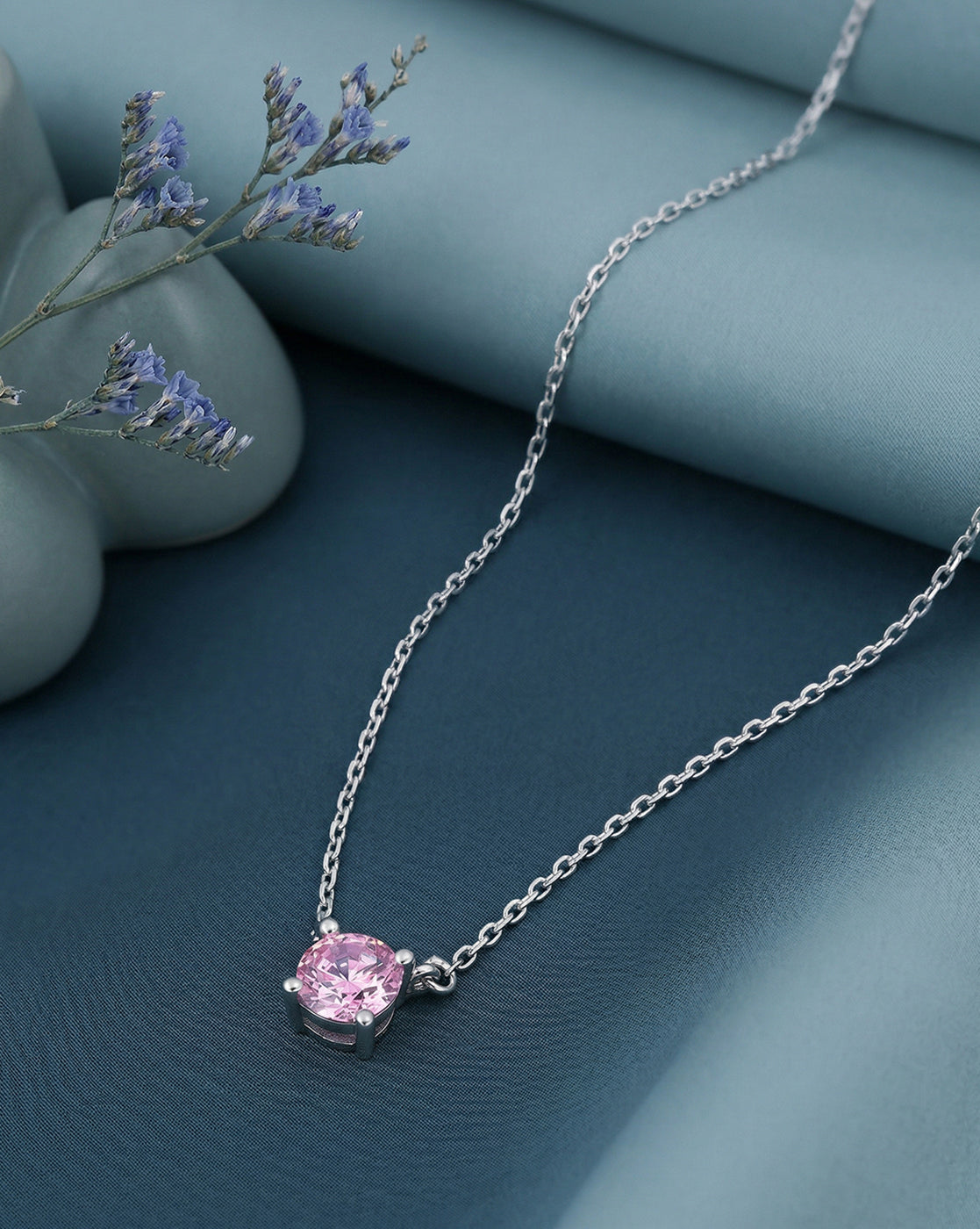Rhodium Plated Dangling Pink Solitaire Necklace