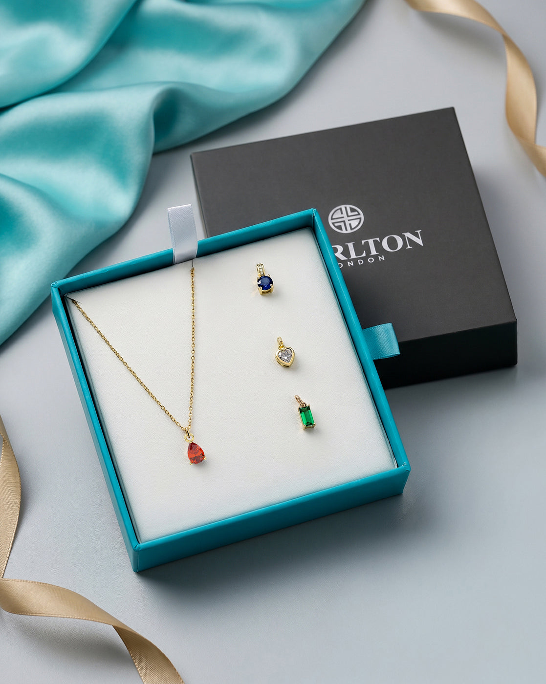 18kt Gold Plated CZ-Heart-Teardrop-Baguette & Round Interchangeable Solitaire Pendant with Chain Necklace