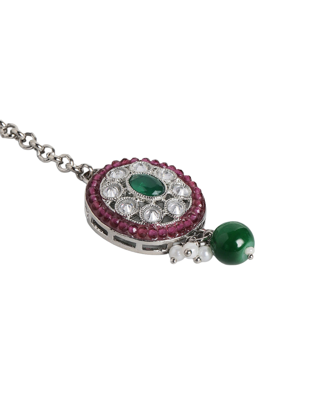Silver Plated Emerald Green & Ruby Pink Stone Maang Tikaa and Earring Set