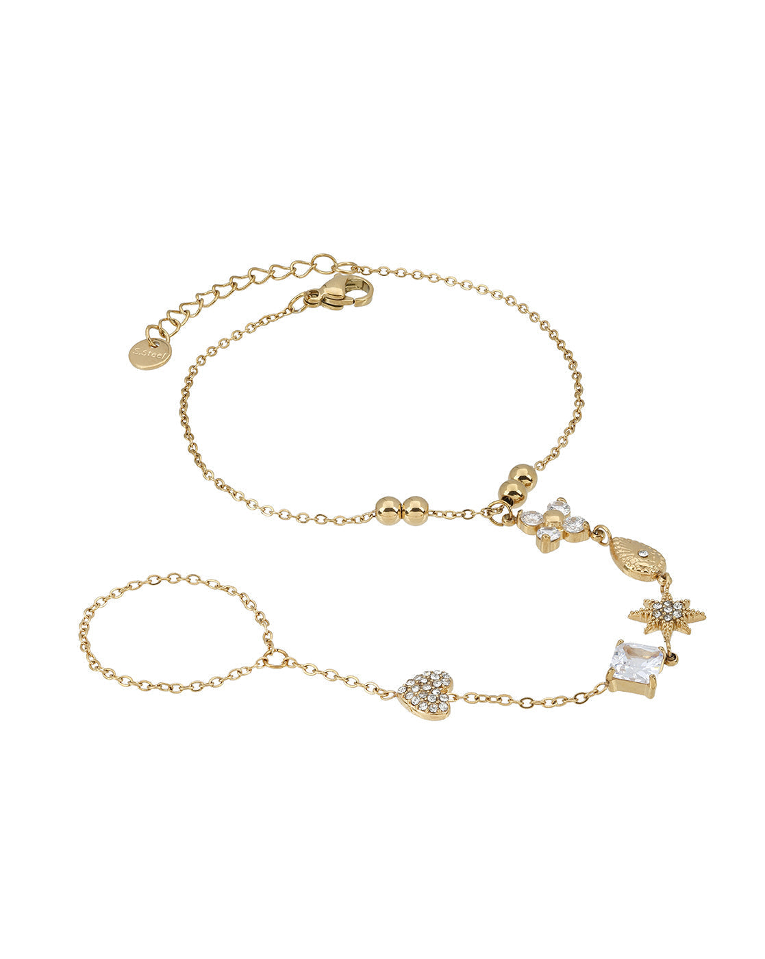Premium Gold Plated CZ Studded Floral,Heart, Star,Tear Drop & Cushion Solitaire Hand Chain Bracelet