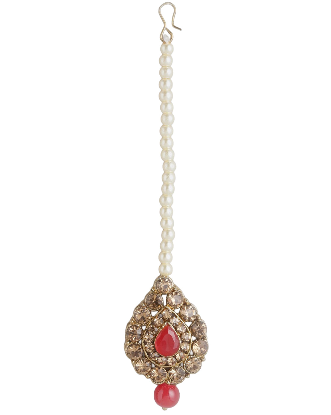 Gold Plated CZ, Pearl & Red Beaded Necklace, Earrings & Maang Tika Set