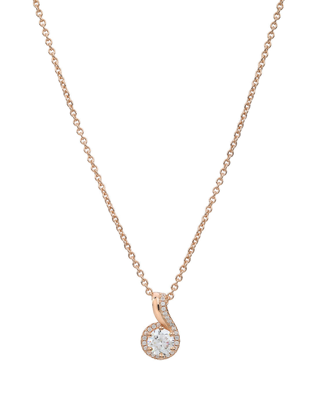 18KT Rose Gold Plated CZ Solitaire Swirl Pendant with Chain