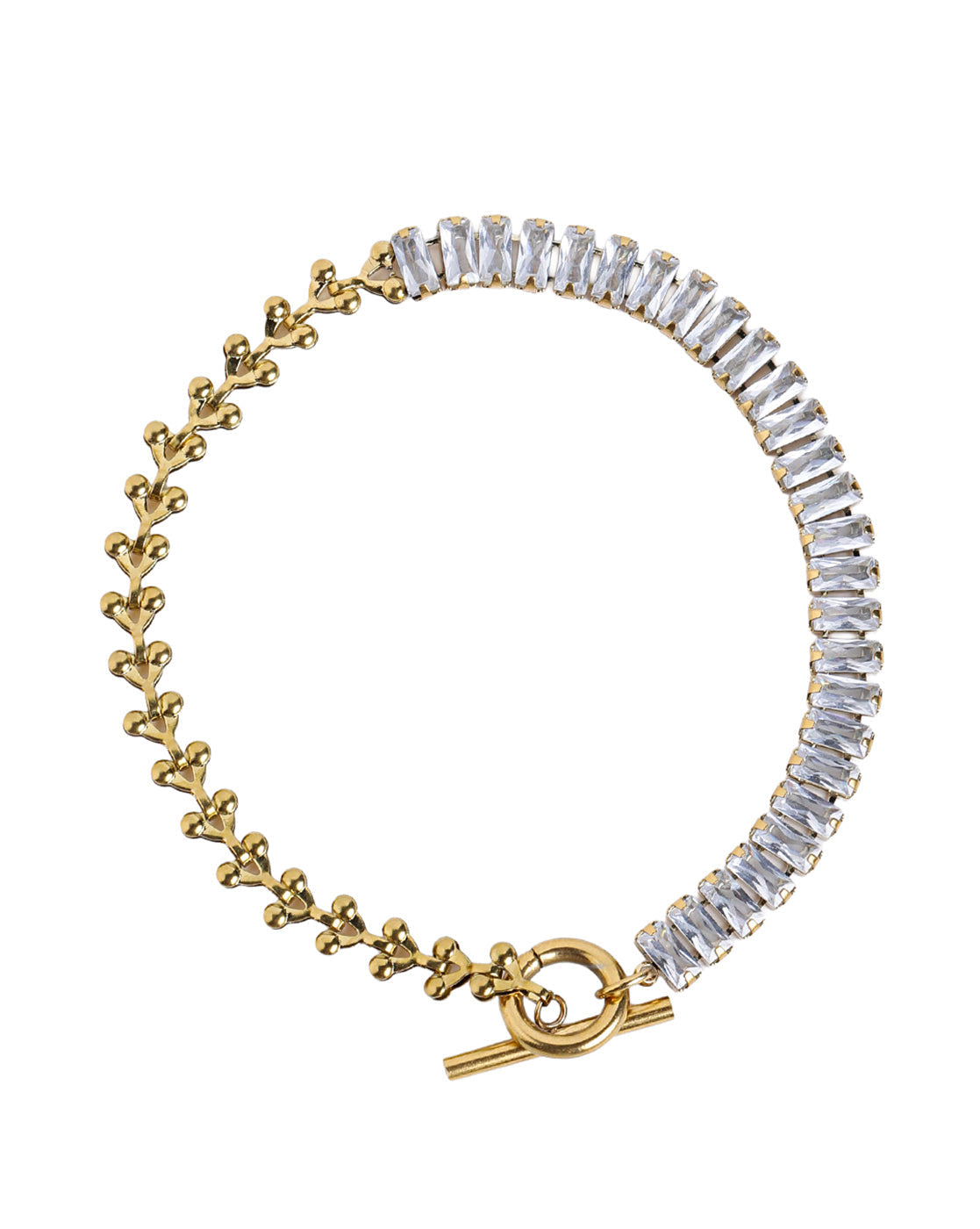 Gold Plated Fancy Half-n-Half Baguette CZ & Fancy Link Chain Toggle Designer Bracelet