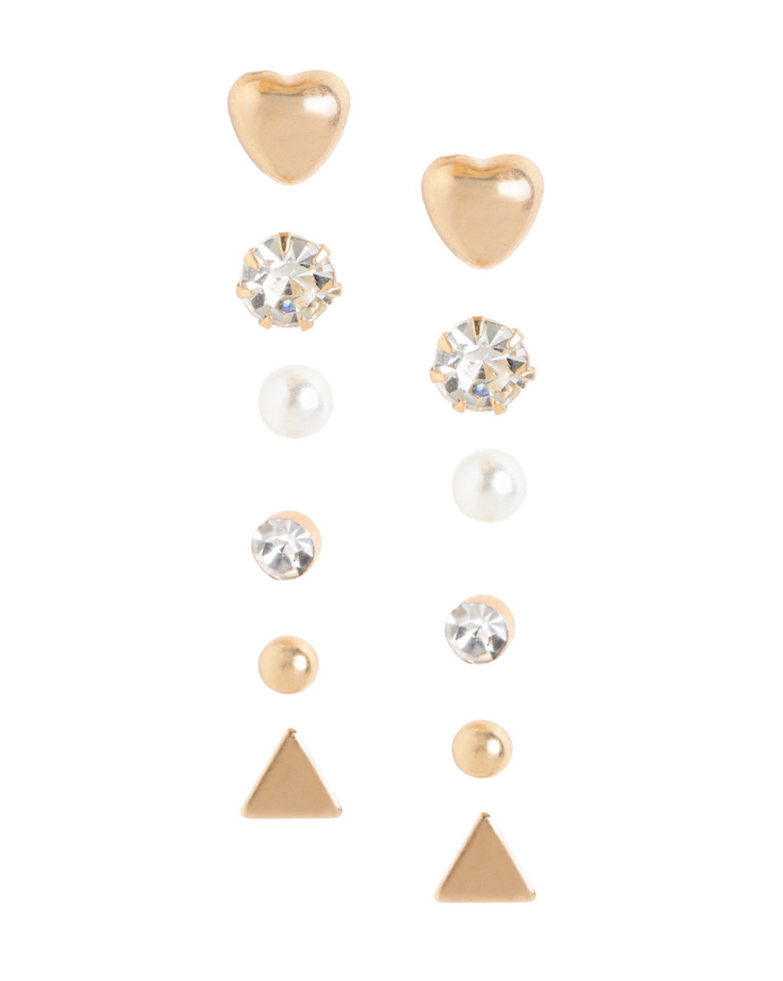 Multipack Set of 12 Gold Plated CZ Studded, Textured, Pearl & Triangular Stud Earrings