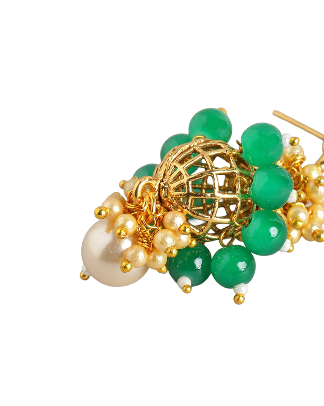 Gold Plated Ethnic Statement Earrings with Pearl & Green Beads