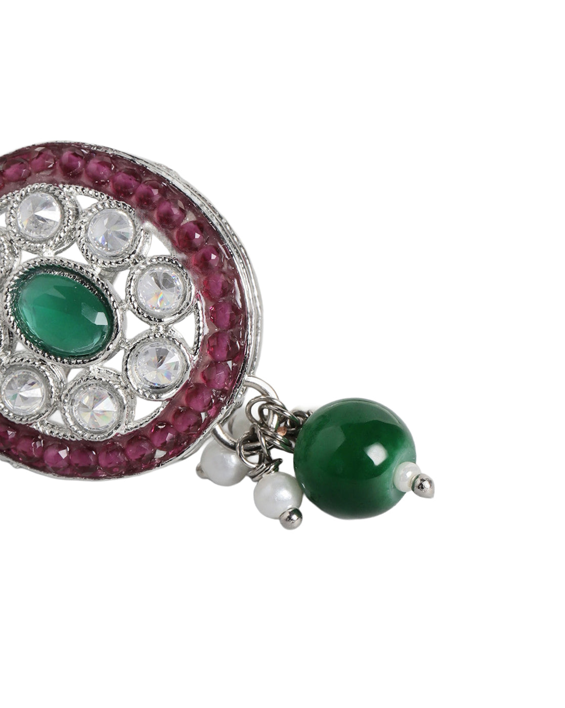 Silver Plated Emerald Green & Ruby Pink Stone Maang Tikaa and Earring Set