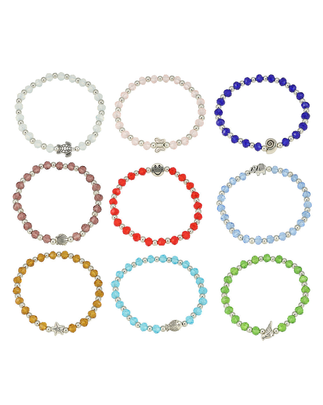 Set of 9 Coloured Bead & Silver Plated Butterfly-Tortoise-Star-Elephant-Smiley-Bird-Butterfly Charm Bracelet for Girl