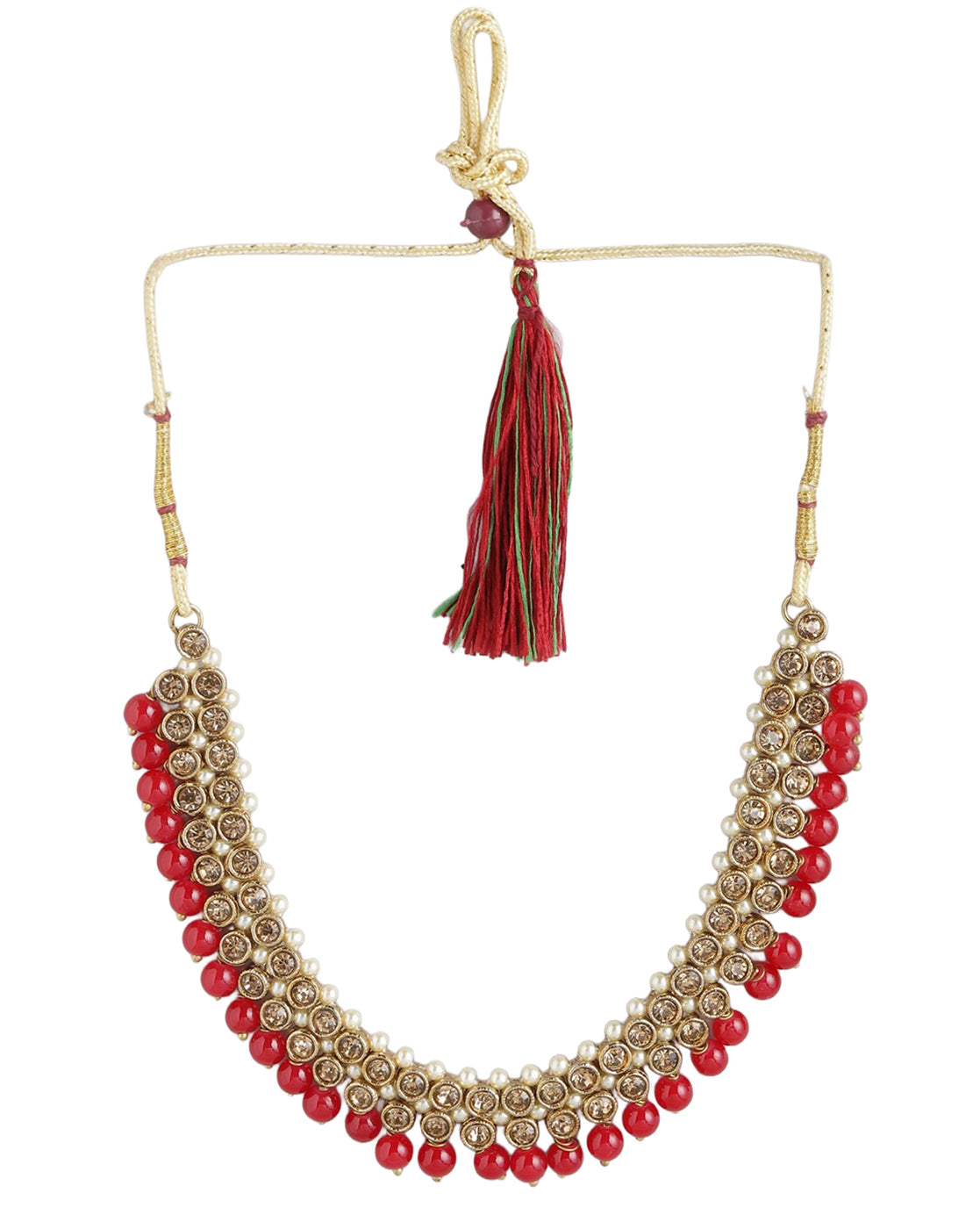 Gold Plated CZ, Pearl & Red Beaded Necklace, Earrings & Maang Tika Set