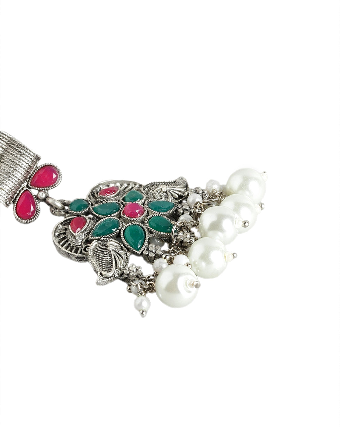 Silver Plated Oxidised Pearl & Red Green Stone Studded Jewellery Set
