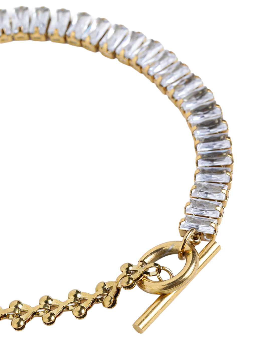 Gold Plated Fancy Half-n-Half Baguette CZ & Fancy Link Chain Toggle Designer Bracelet