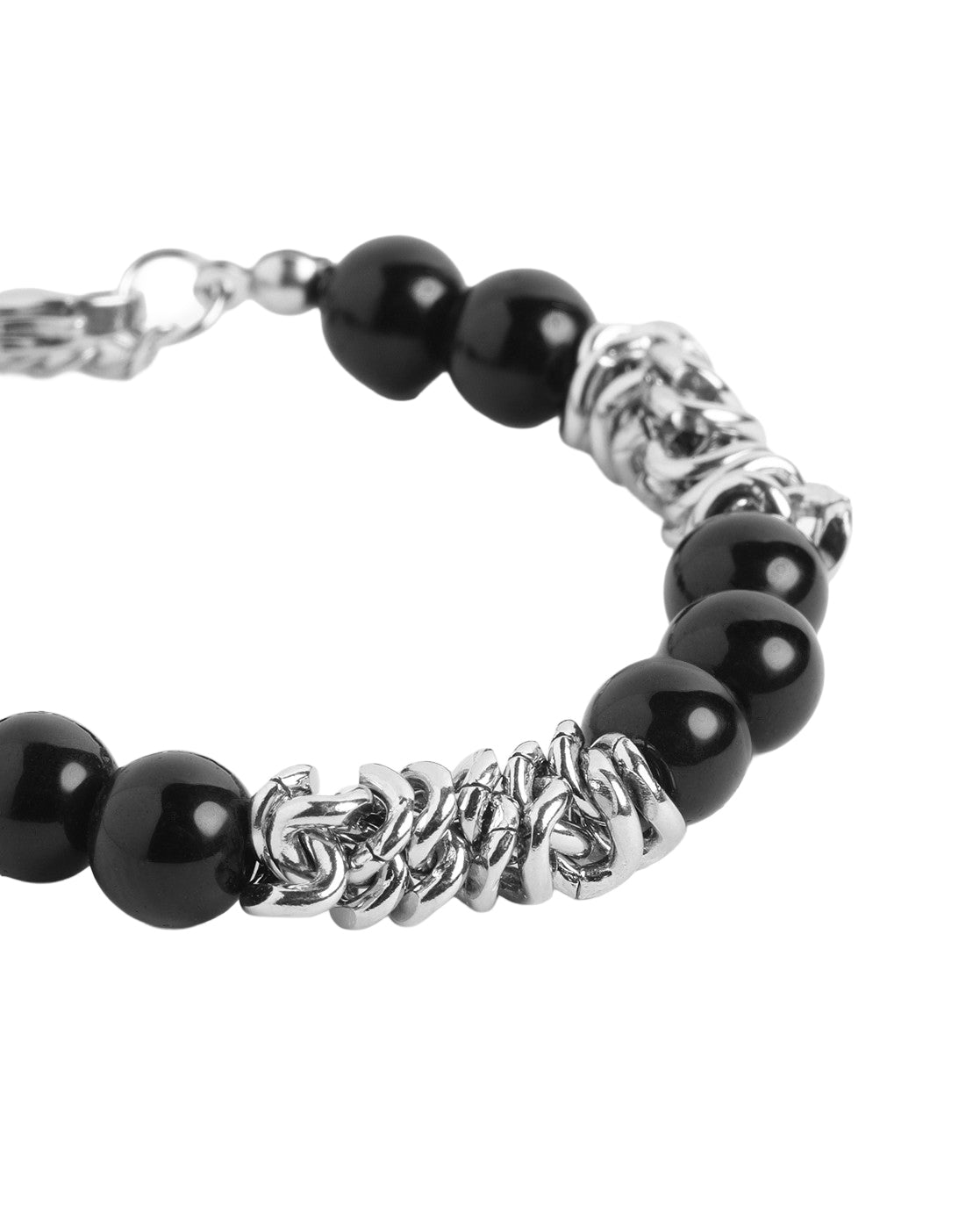 Men Silver Plate Black Onyx Bead Adjustable Bracelet