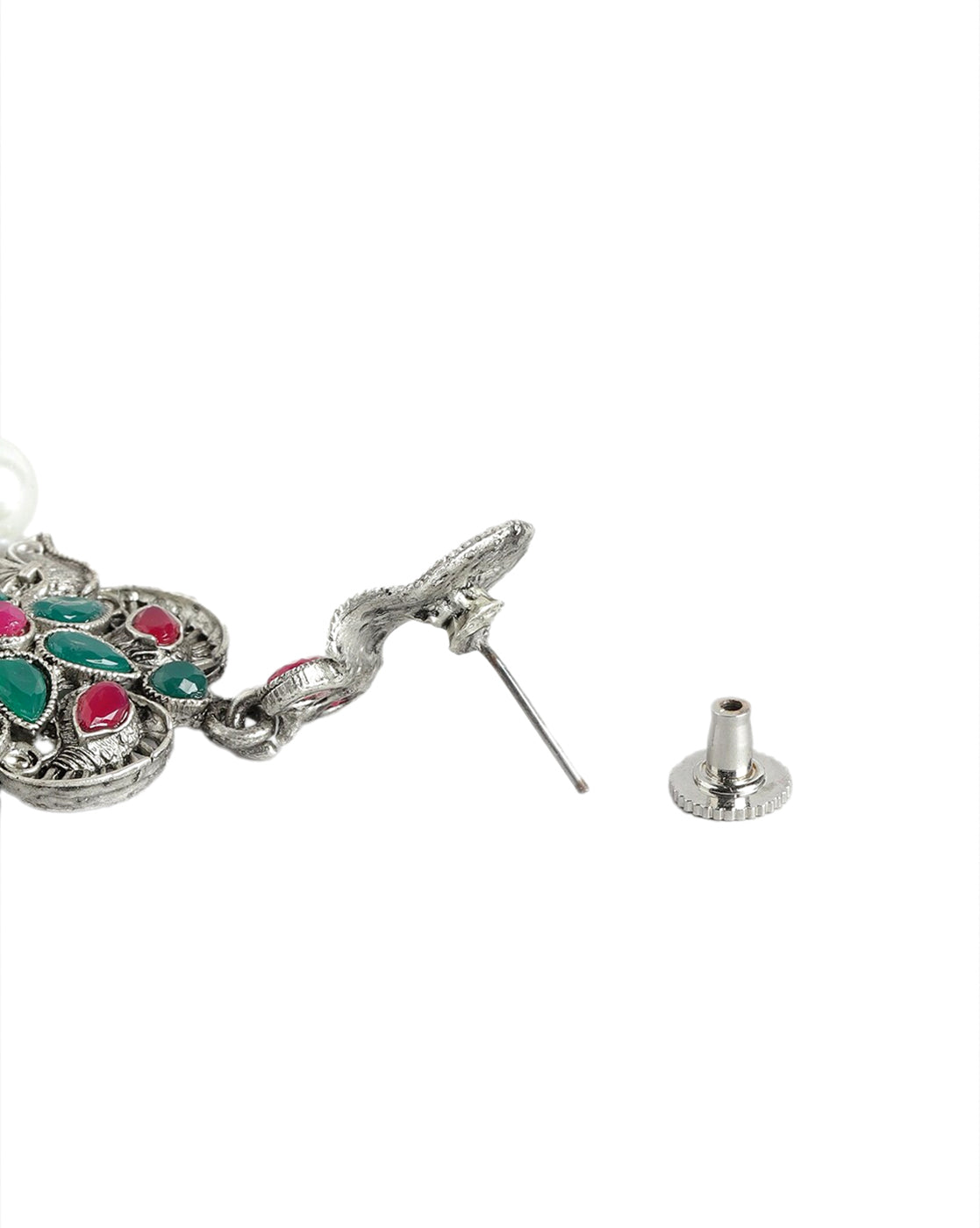 Silver Plated Oxidised Pearl & Red Green Stone Studded Jewellery Set