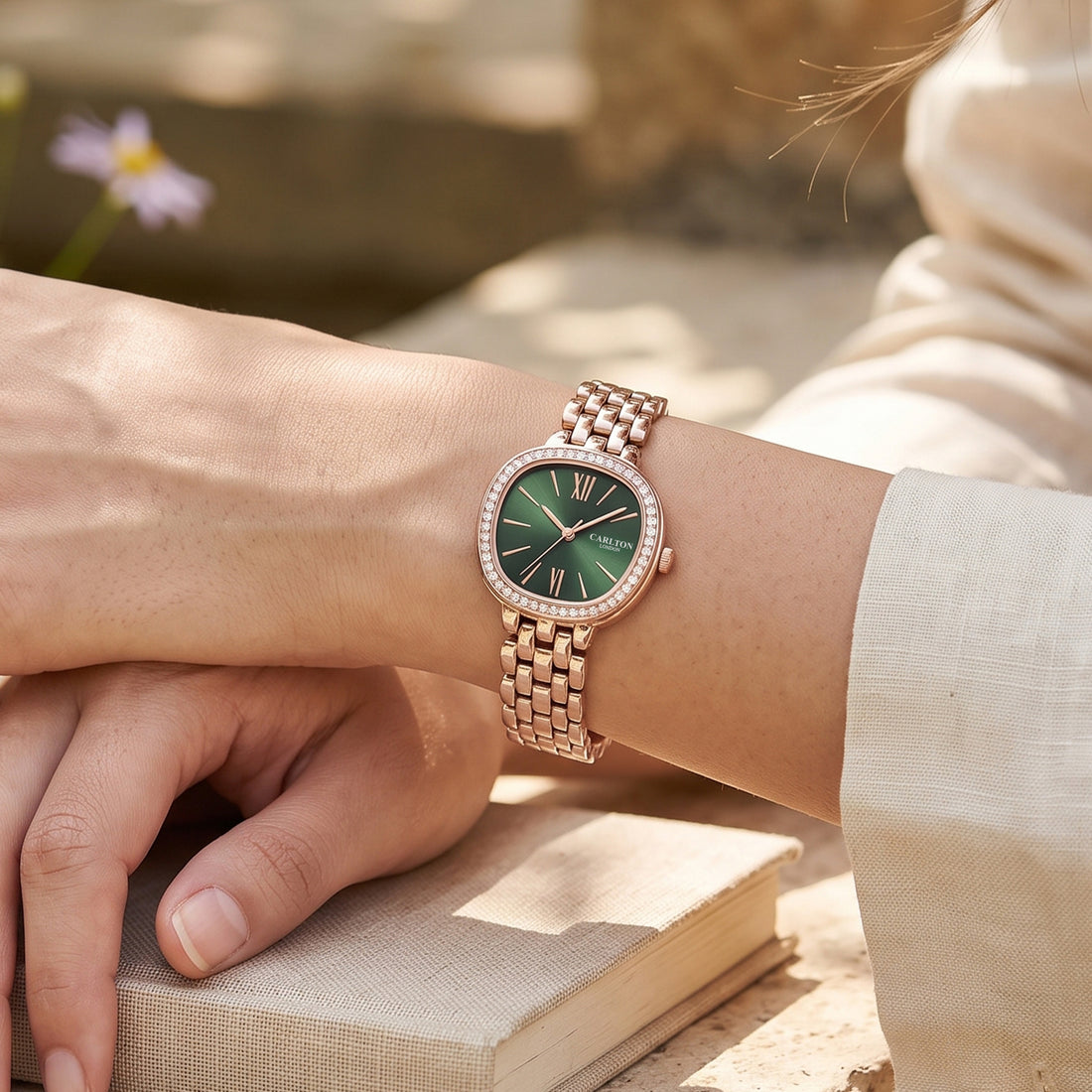 Carlton London Maisie Womens Watch - Green Rectangle Dial, Rose Gold Stainless Steel Strap - MSRSGRN