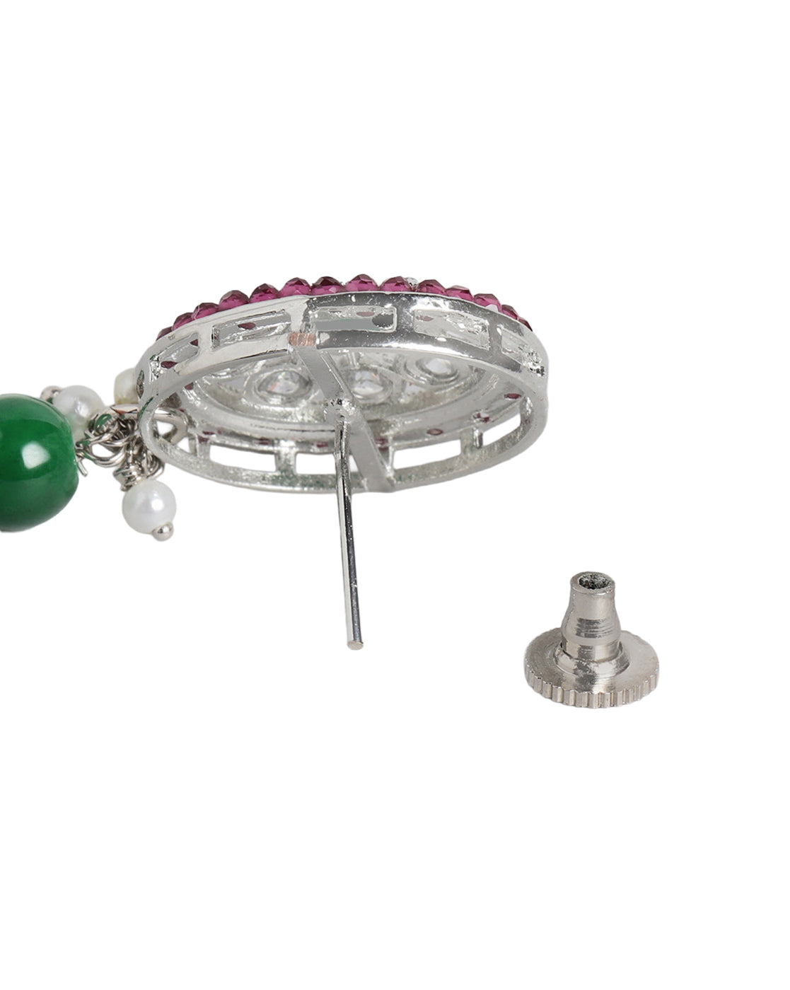 Silver Plated Emerald Green & Ruby Pink Stone Maang Tikaa and Earring Set