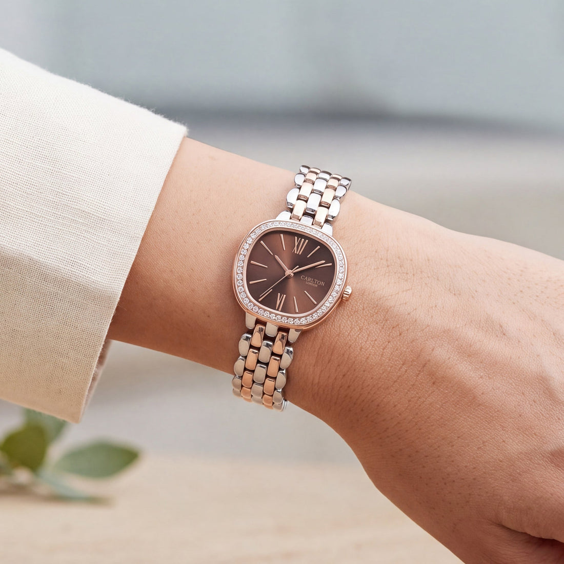 Carlton London Maisie Women’s Watch - Brown Rectangle Dial, Dual Tone Stainless Steel Strap - MSDTBRN