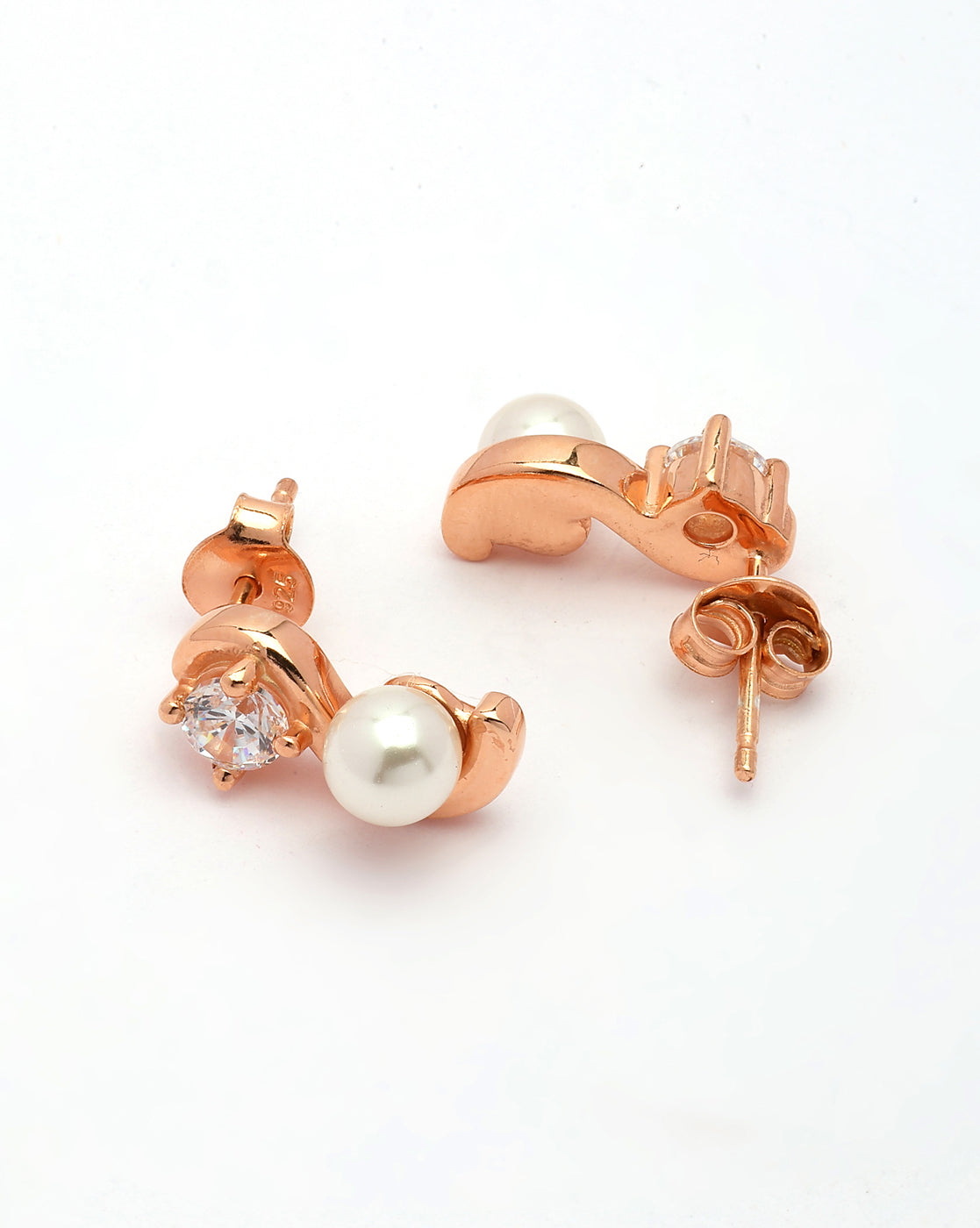 925 Sterling Silver 18kt Rose Gold Plated CZ & Pearl Swirl Stud Earring
