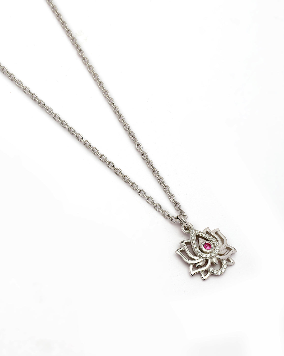 925 Sterling Silver Rhodium Plated Red CZ Lotus Pendant and Chain