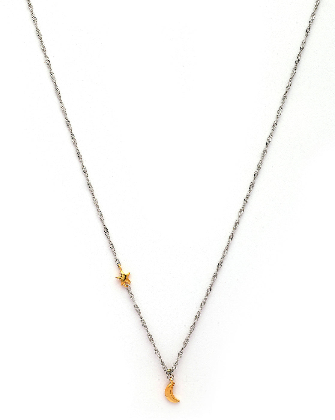 925 Sterling Silver Dual Toned Plated Moon and Star Charm Necklace
