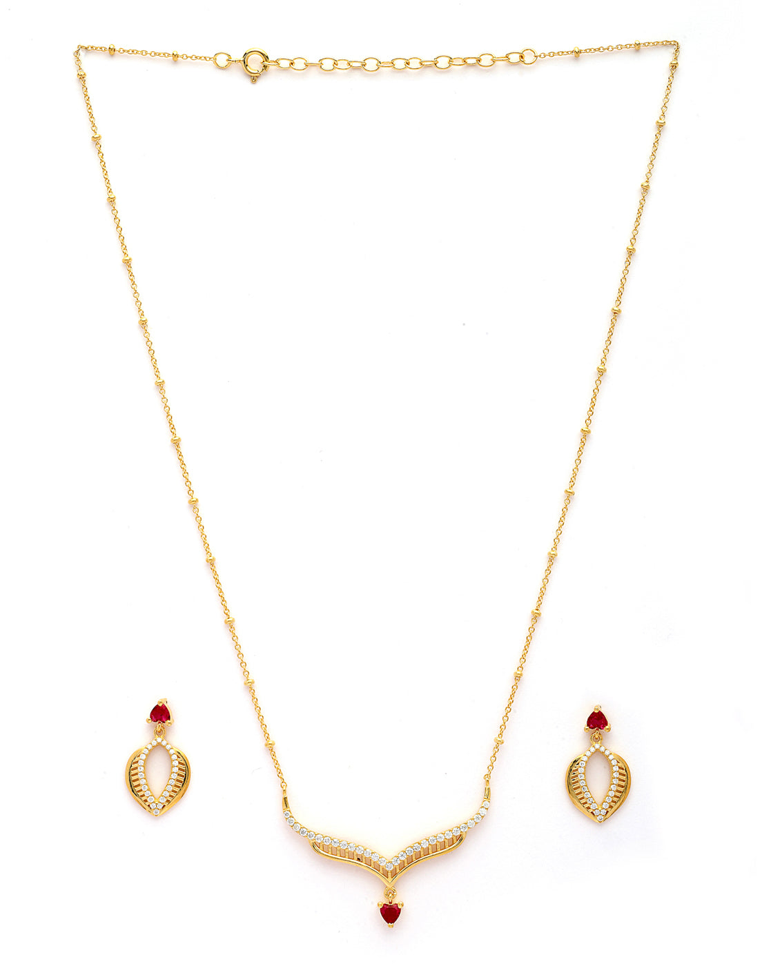 18kt Gold Plated Red CZ Heart Necklace and Earring Set