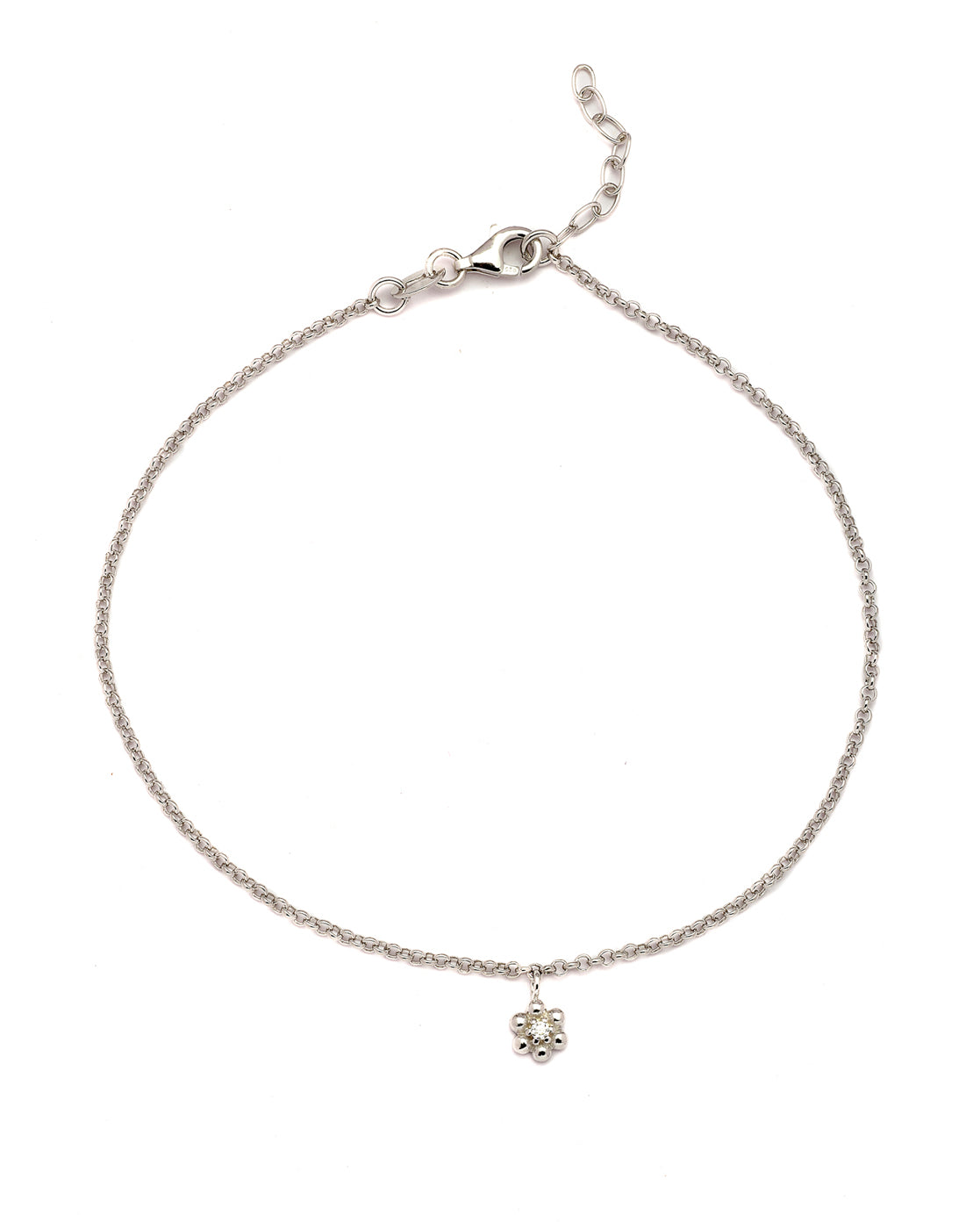 925 Sterling Silver Rhodium Plated CZ Floral Charm Anklet