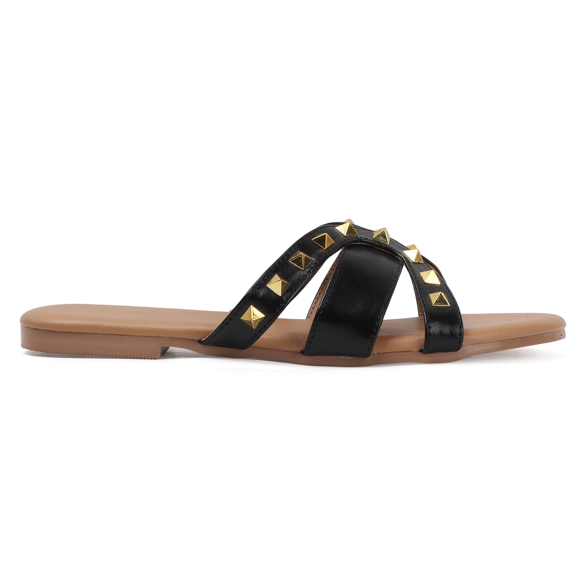 Flat Cross-Strap Women Sandal with Gold Pyramid Studs