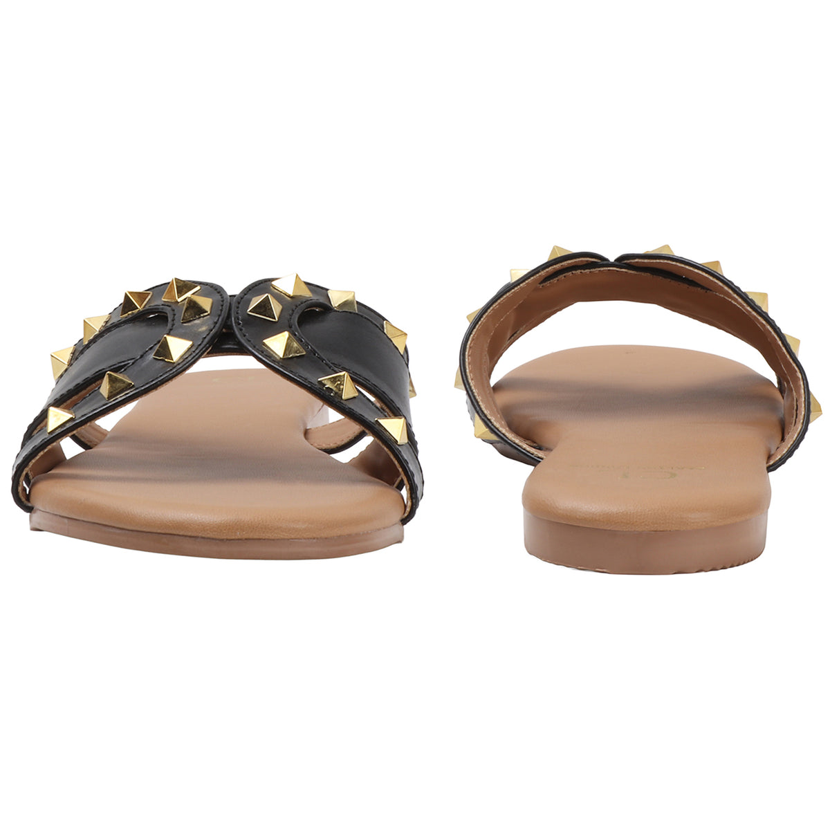 Flat Cross-Strap Women Sandal with Gold Pyramid Studs