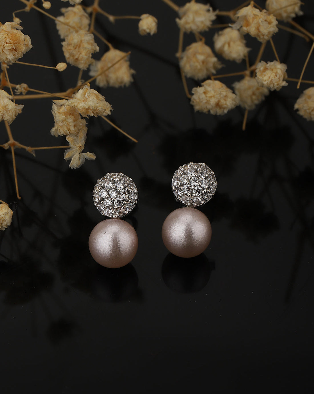 Carlton London Rhodium Plated Cz Silver Pearl Spherical Stud Earring For Women