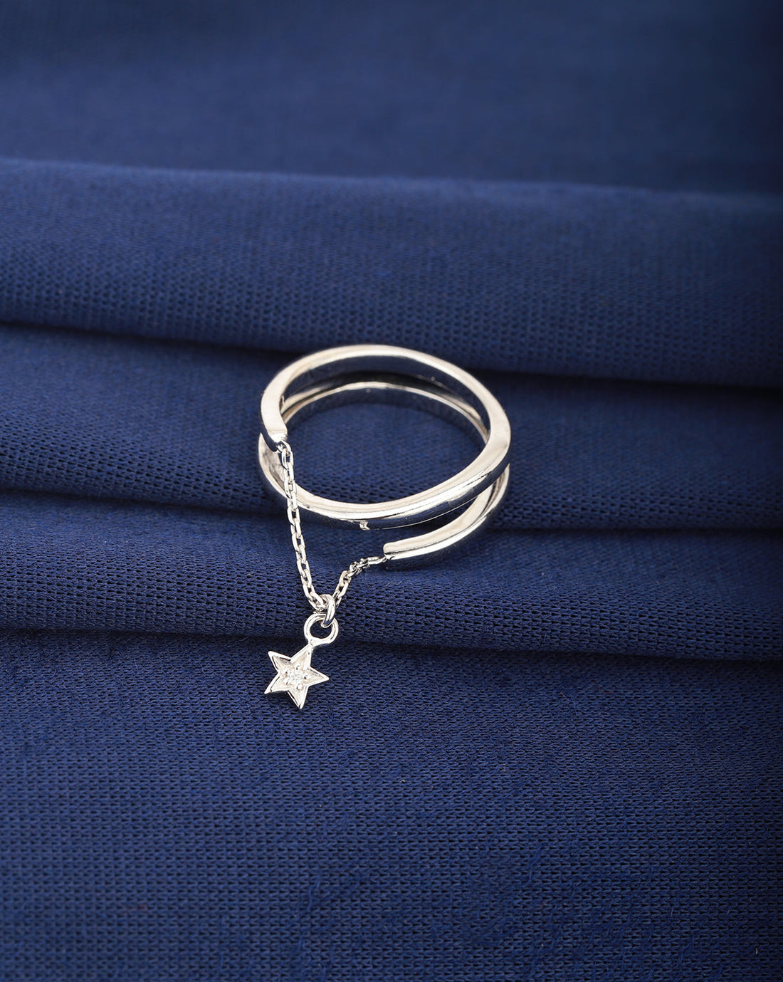 Carlton London Rhodium Plated Silver Toned Cz Studded With Dangling Star Adjustable Finger Ring For Women